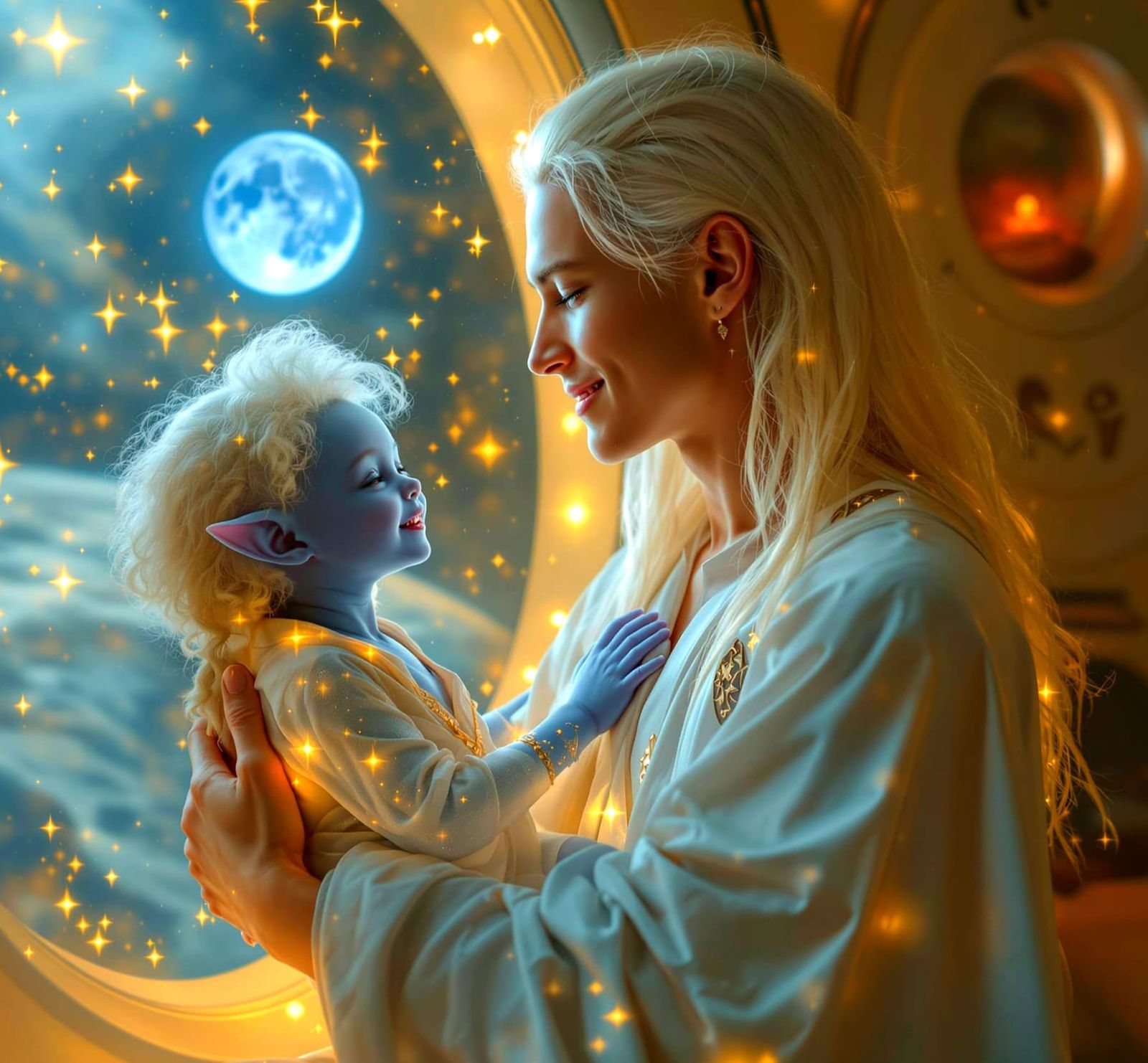 Ethereal Man Cradles Glowing Alien Child Aboard Spaceship