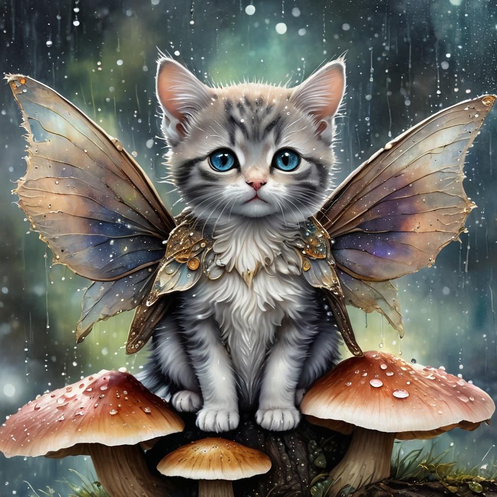 Watercolor Kitten Fairy in Rainy Starry Night