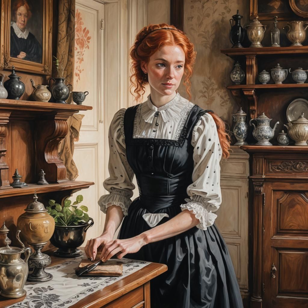 Red-Haired Maid in English Manor, Gouache Painting