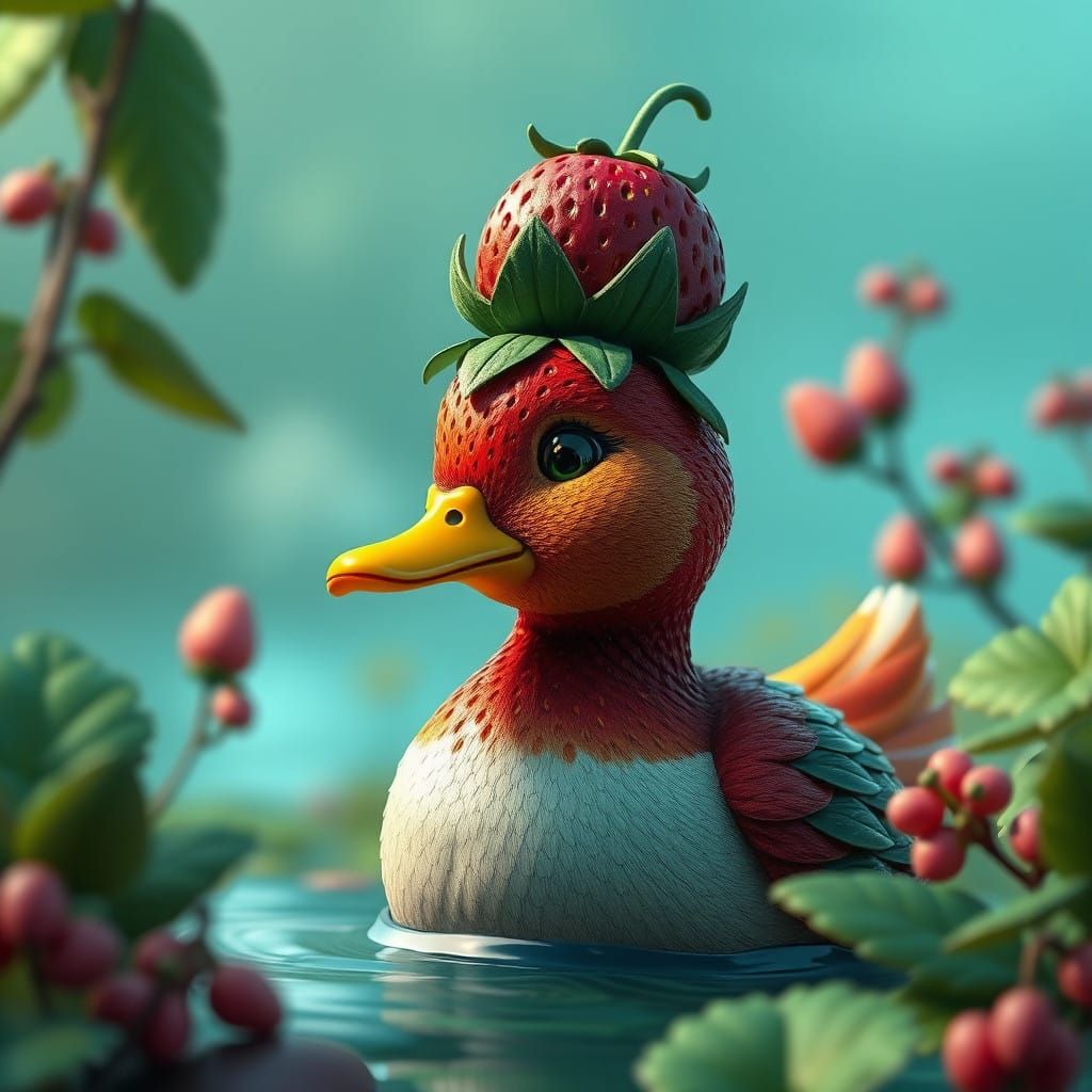 Whimsical Strawberry Duckling in Vibrant Fantasy Landscape