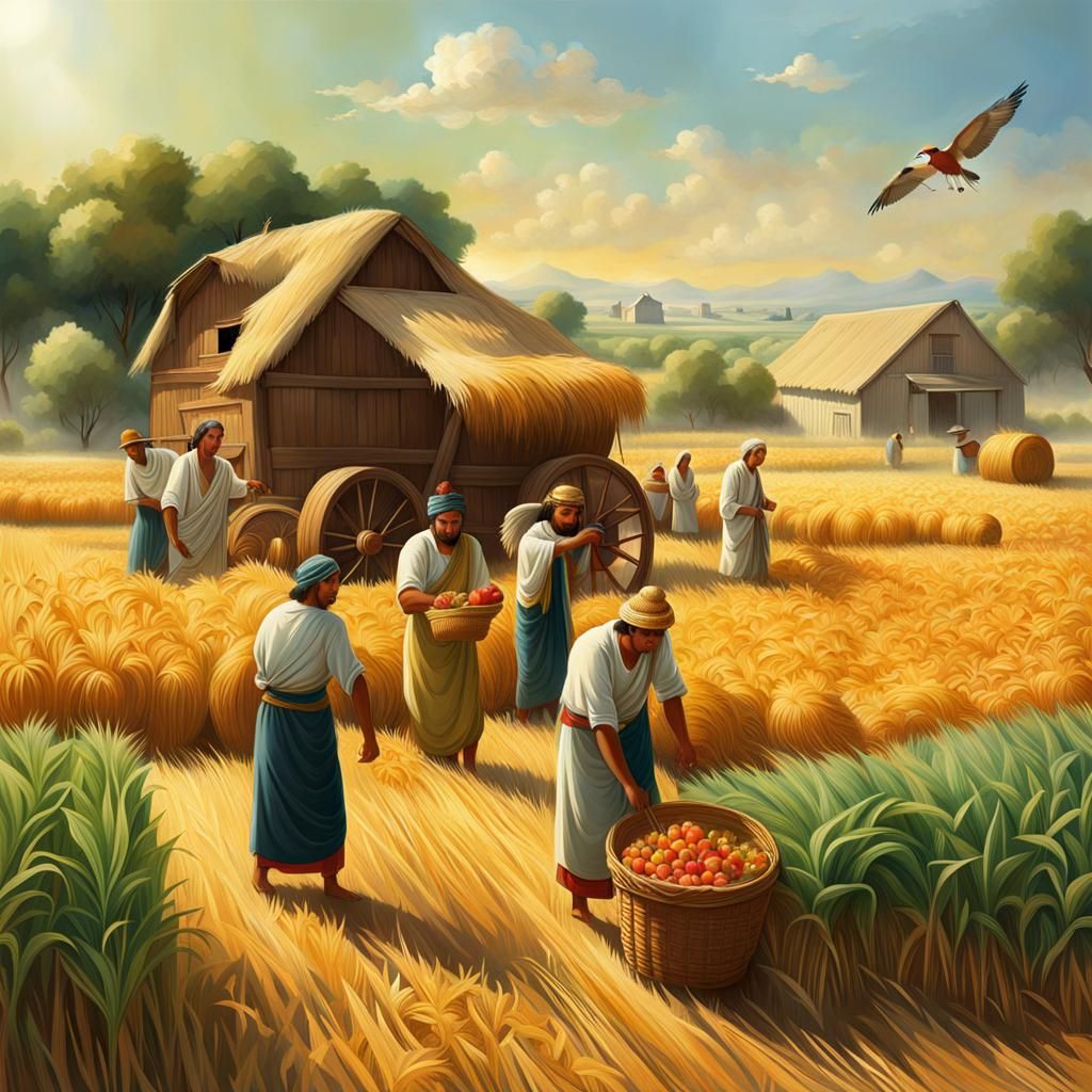 Ancient Summer Harvest Farm Scene: Hyperrealistic Digital Ar...