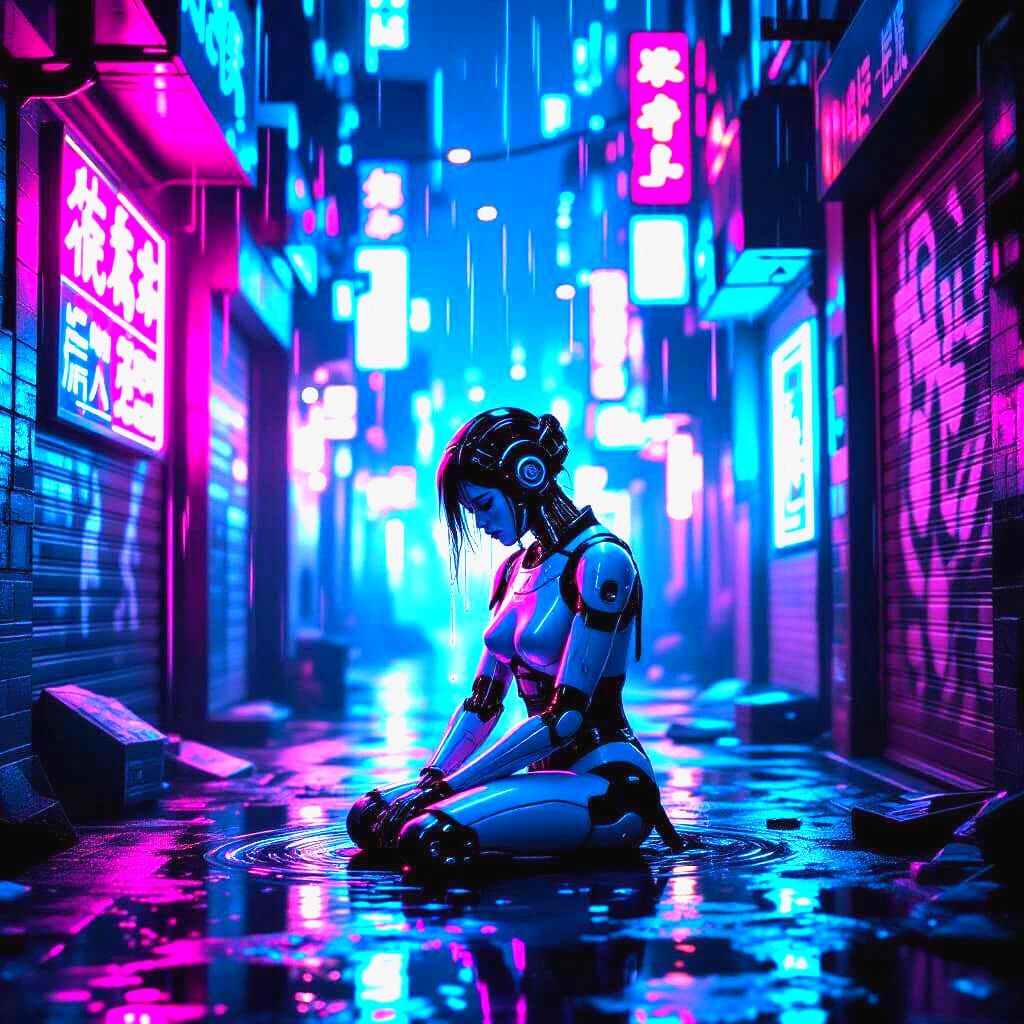 Android Weeping Starlight Tears in Cyberpunk Alley