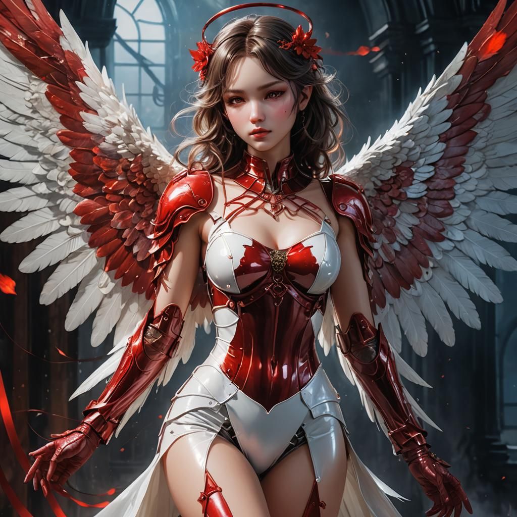 Ethereal Anime Angel in Red Latex Lingerie
