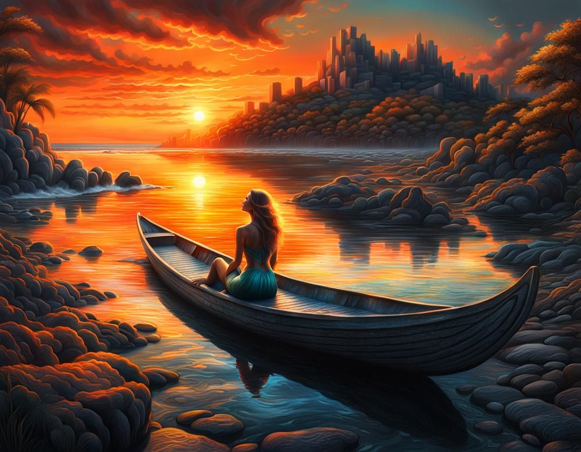 Monochromatic Chalk Art: Woman and Mermaids at Sunset