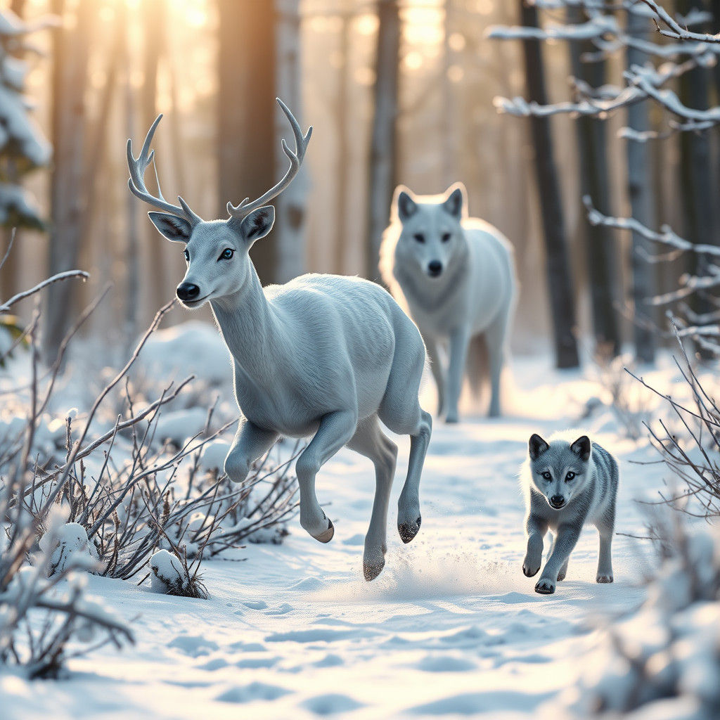 White Deer Chase Through Winter Forest, Hyper-Realistic Text...