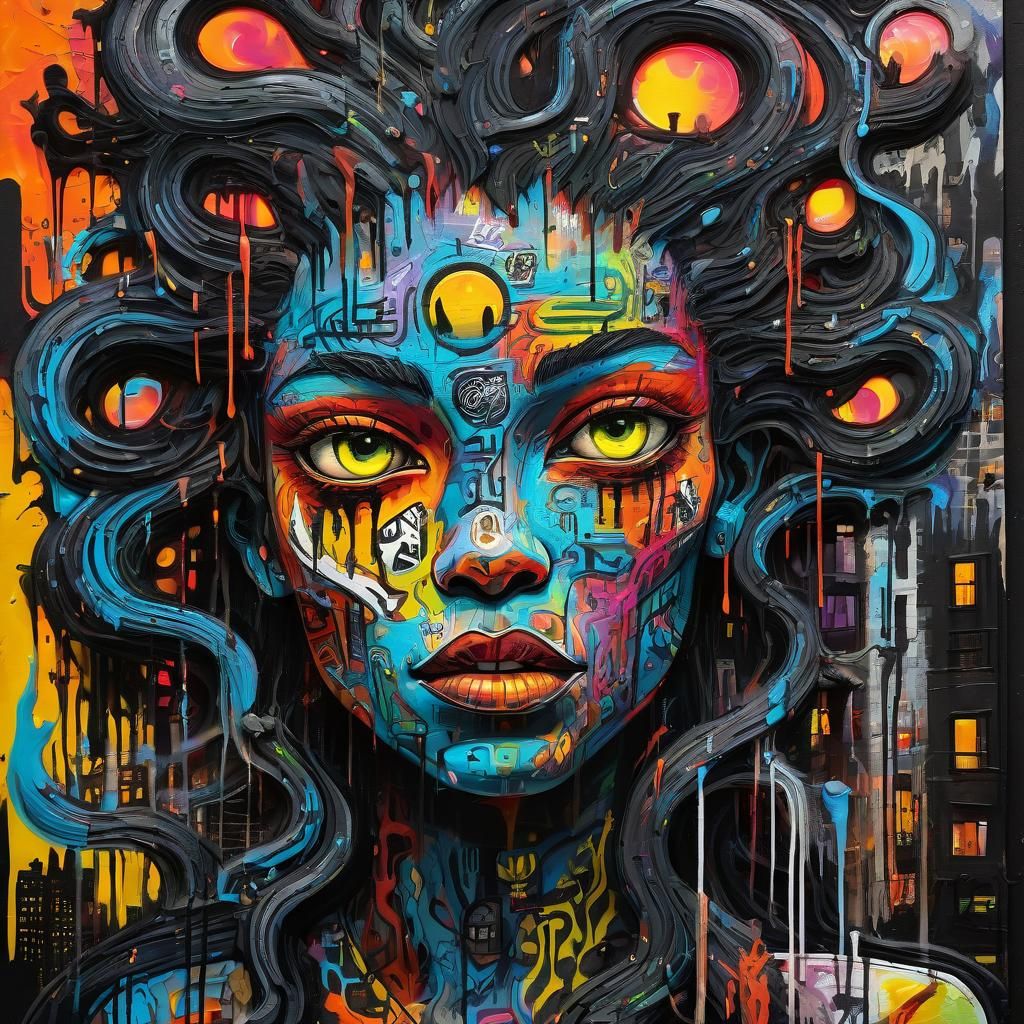 Lilith in Psychedelic Flames: Street Art Style