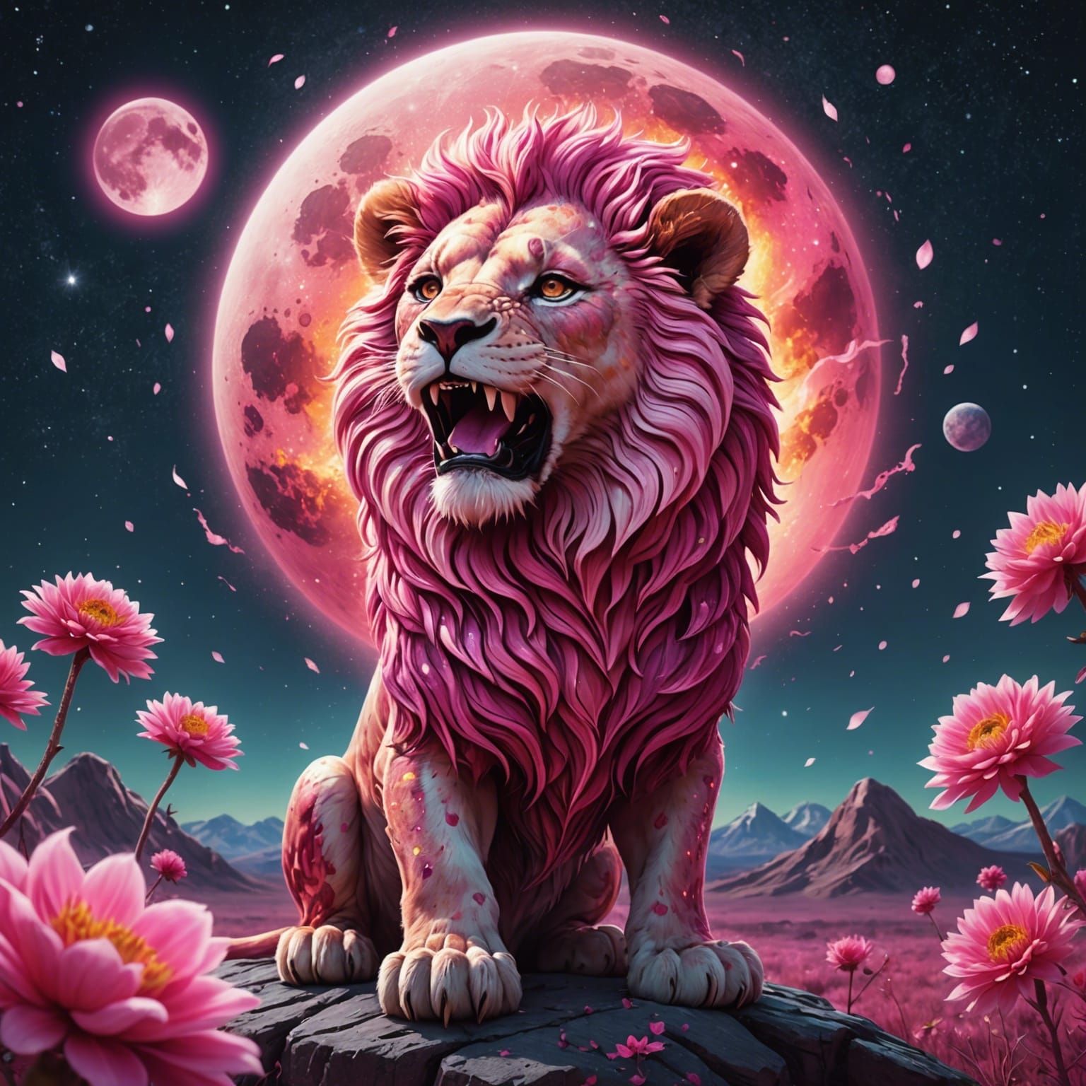 Ethereal Pink Lion Howling at Moon in Cosmic Style