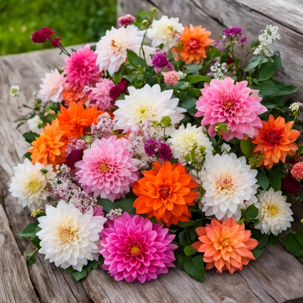 Various pink, orange, and white dahlia flower bouquets lay on a wooden weathered jetty