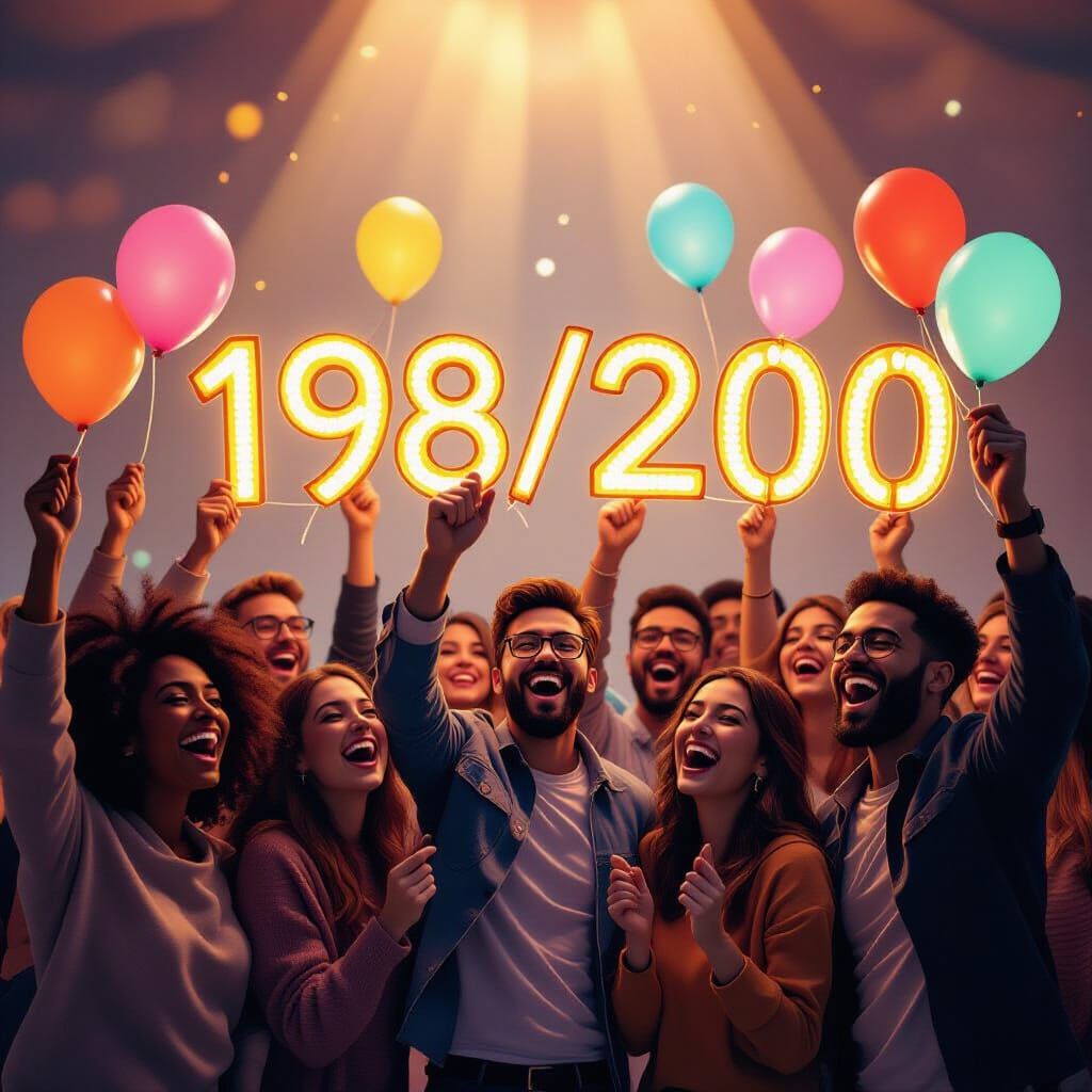 Joyful Crowd Cheers with Glowing '198/200' Balloons