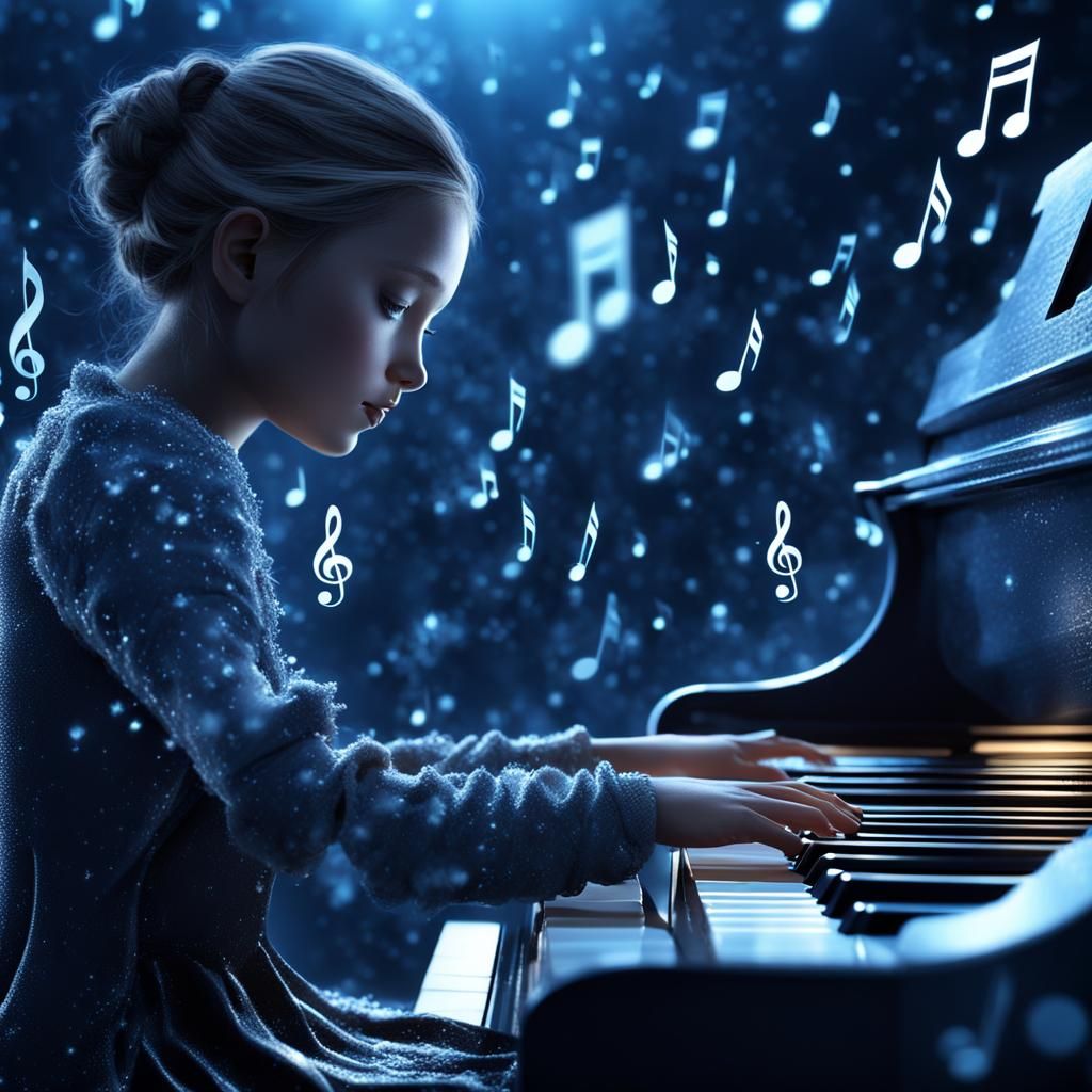 Girl Playing Piano with Frozen Music Notes