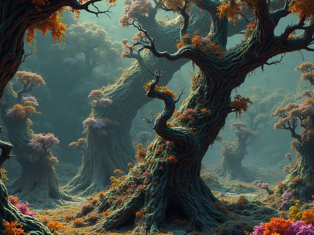 Electric Fractal Landscape with Greeble Trees