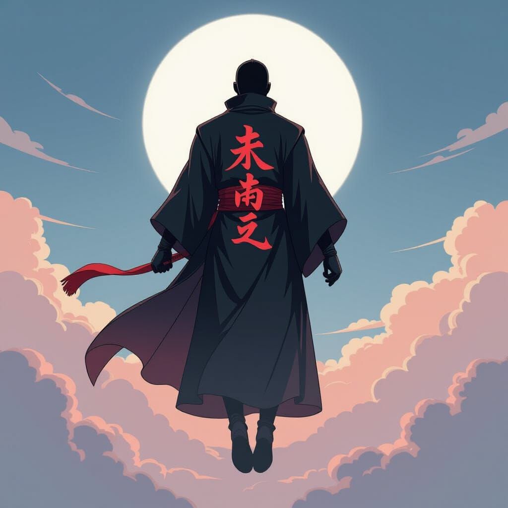 Anime Figure in Black Robe with Red Mask Floats Ethereally