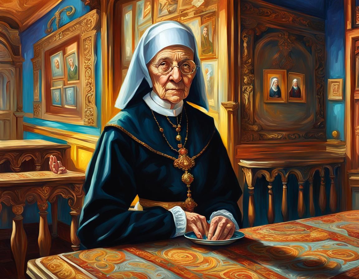Baroque Nun Eats Svarafaggi: Oil Painting Portrait