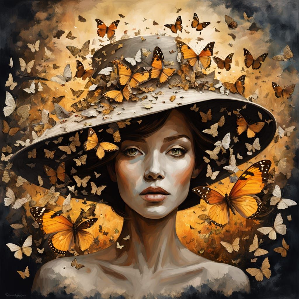 Wooden Sculpture Woman With Butterfly Hat