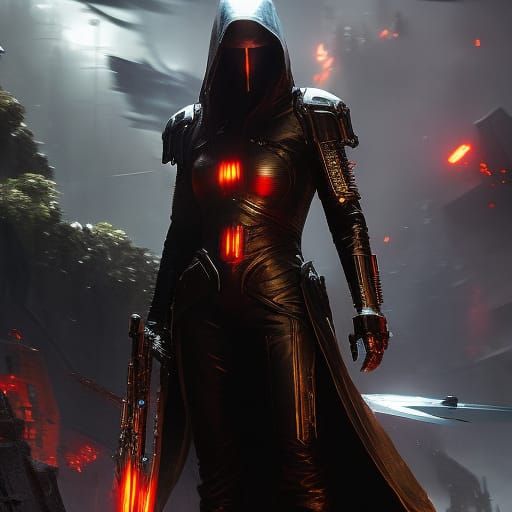 Cyborg Assassin Overlooking Mega-City in Cyberpunk Style