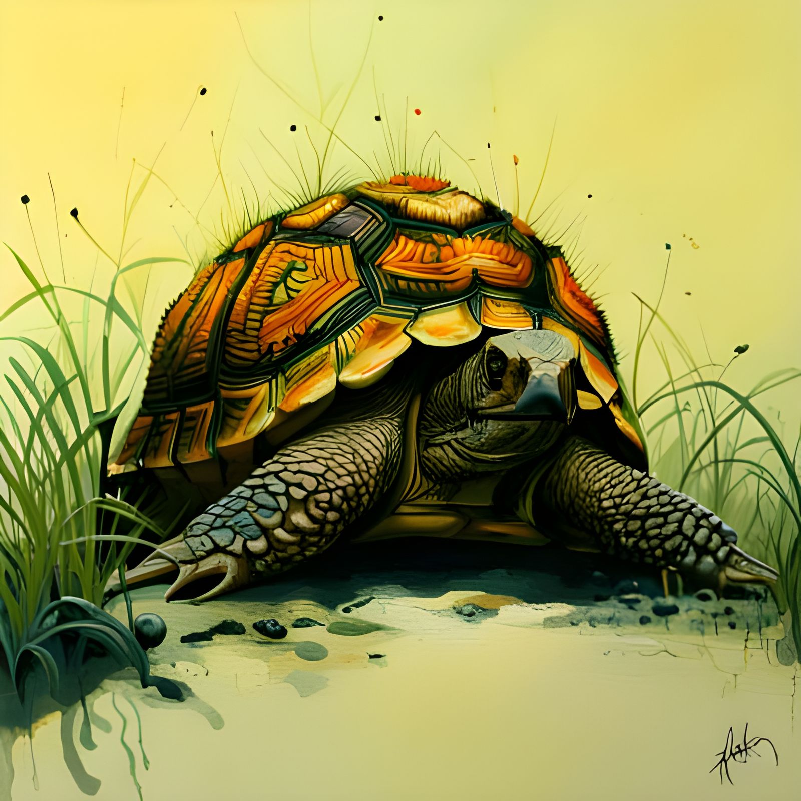 Detailed Tortoise in Flowing Gouache Style