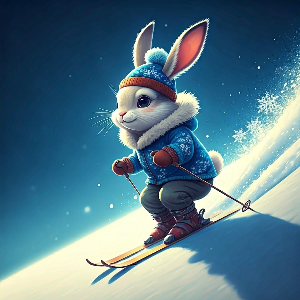 Rabbit Skier in Winter Wonderland: 3D Anime Art