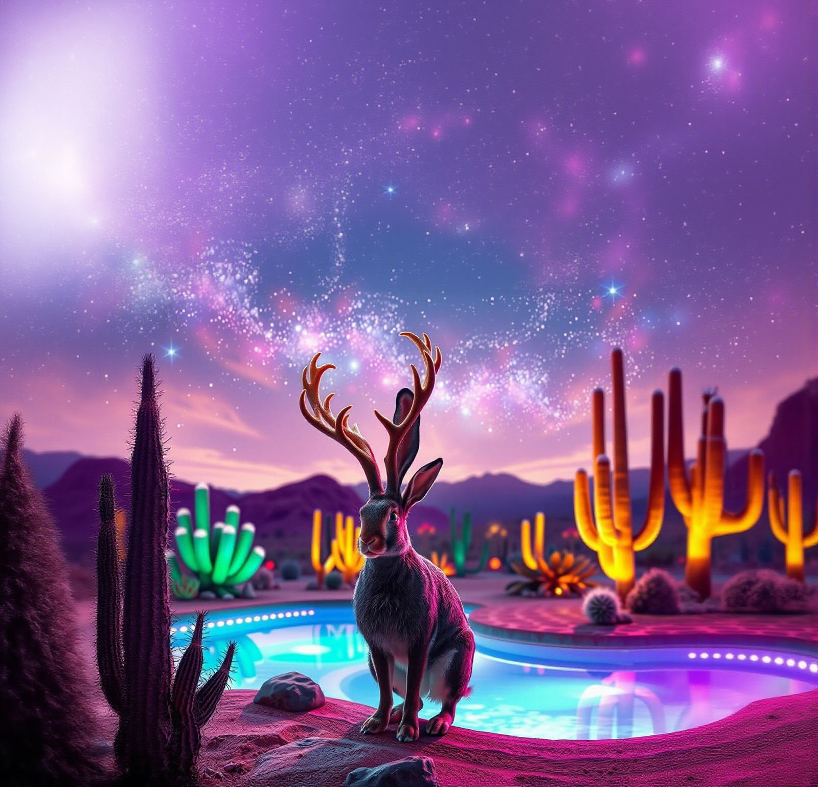 Jackalope in Desert Oasis with Antlers