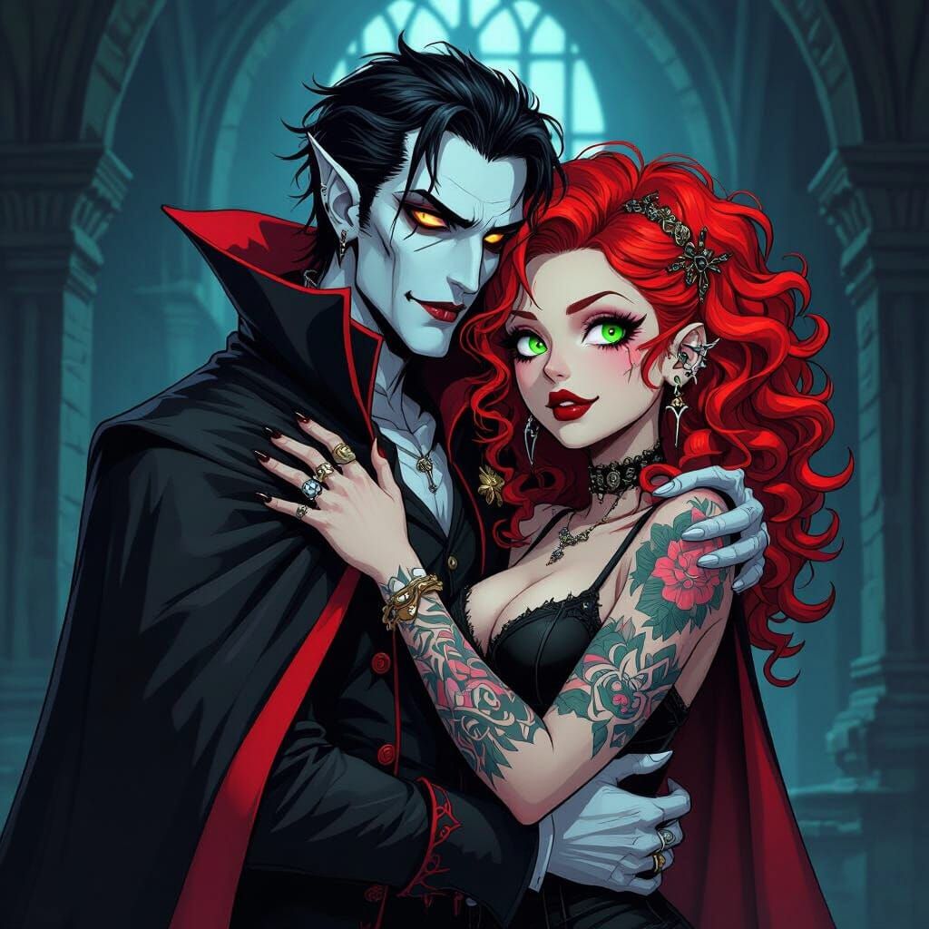 Vampire Embraces Tattooed Woman in Creepy Castle