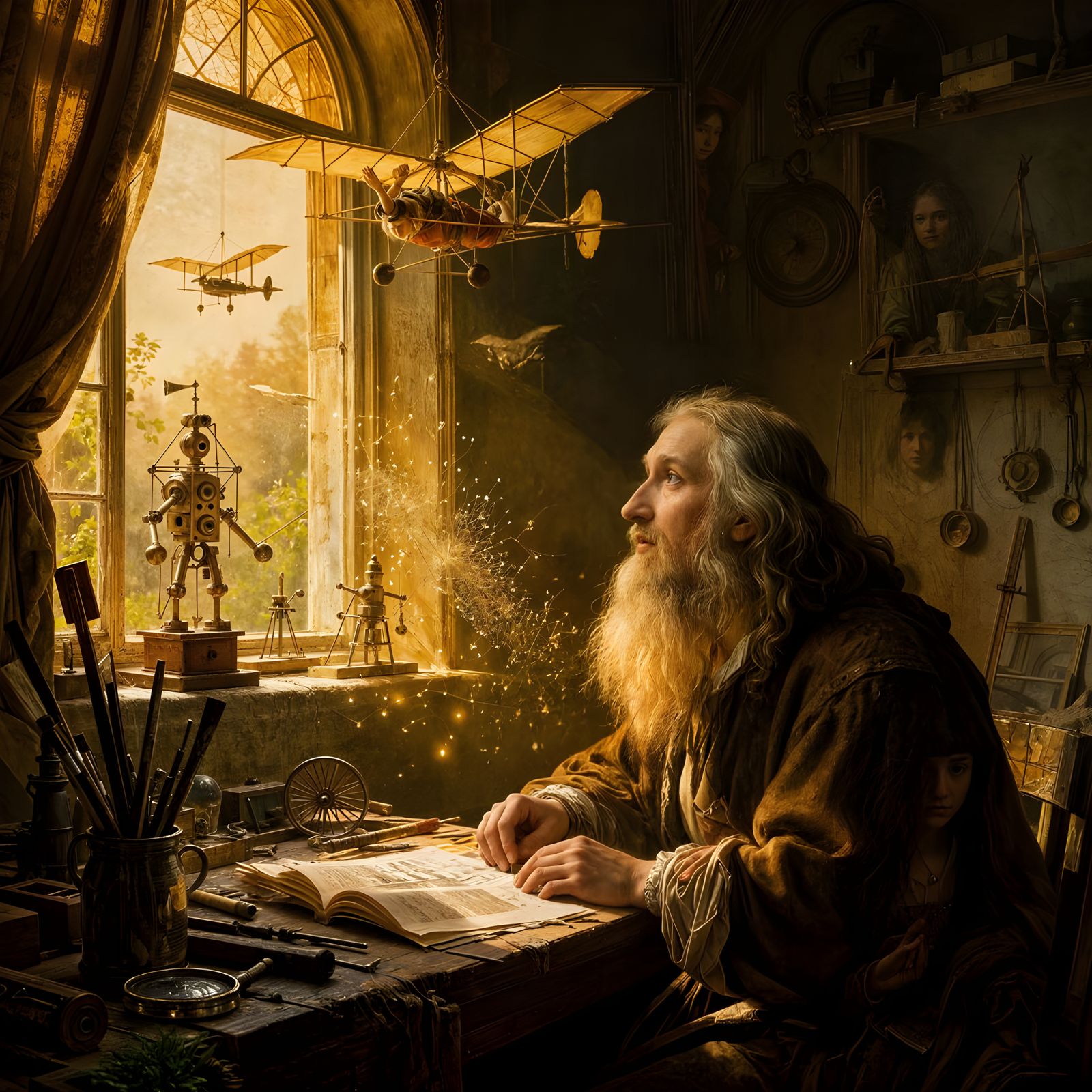 Leonardo da Vinci's Visionary Workroom in Rembrandt Style