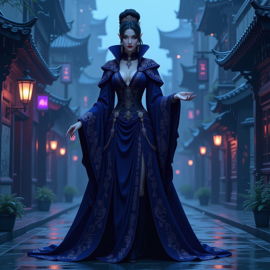 High Elf in Cyberpunk City, Digital Painting