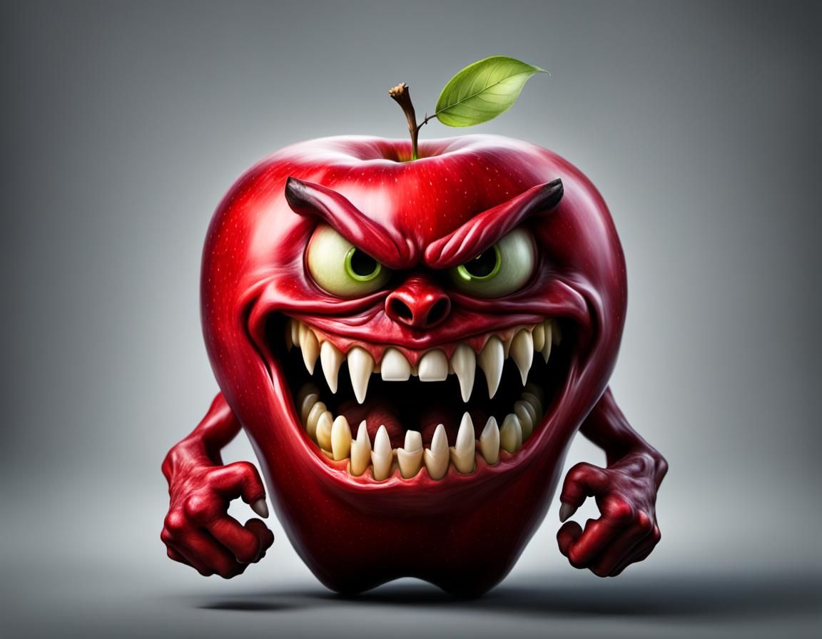 Evil, very angry red humanuid apple with wild teeth, fidgeting wildly with its arms. Photo realistic