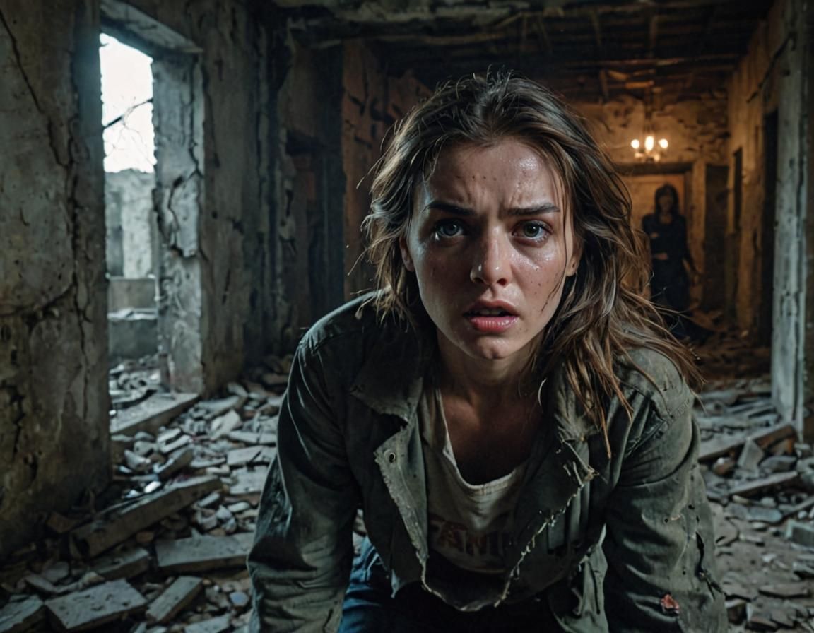 Woman in Ruined Building: Tense Cinematic Scene