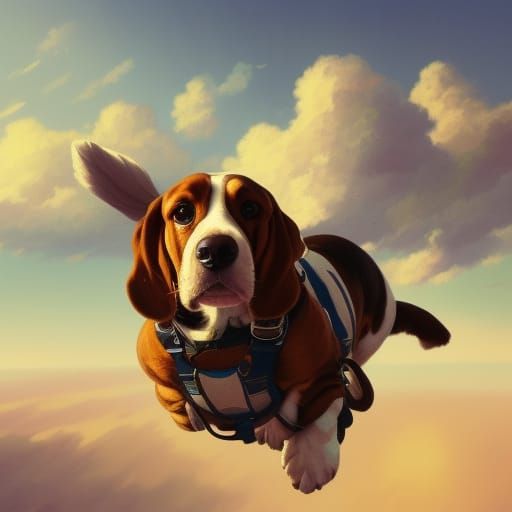 Basset Hound Skydiving in Art Deco Style