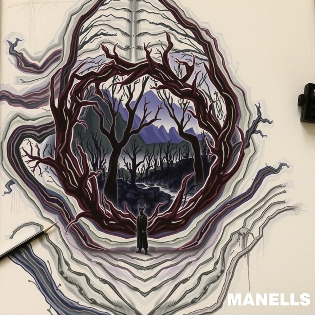 Mysterious, Dreamlike Landscape with Twisted Tree Silhouette...