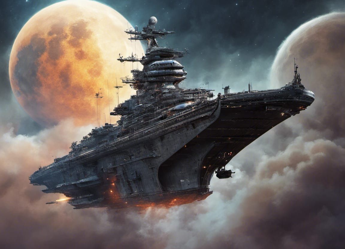 Epic Warship Battle Above Moons in Digital Painting