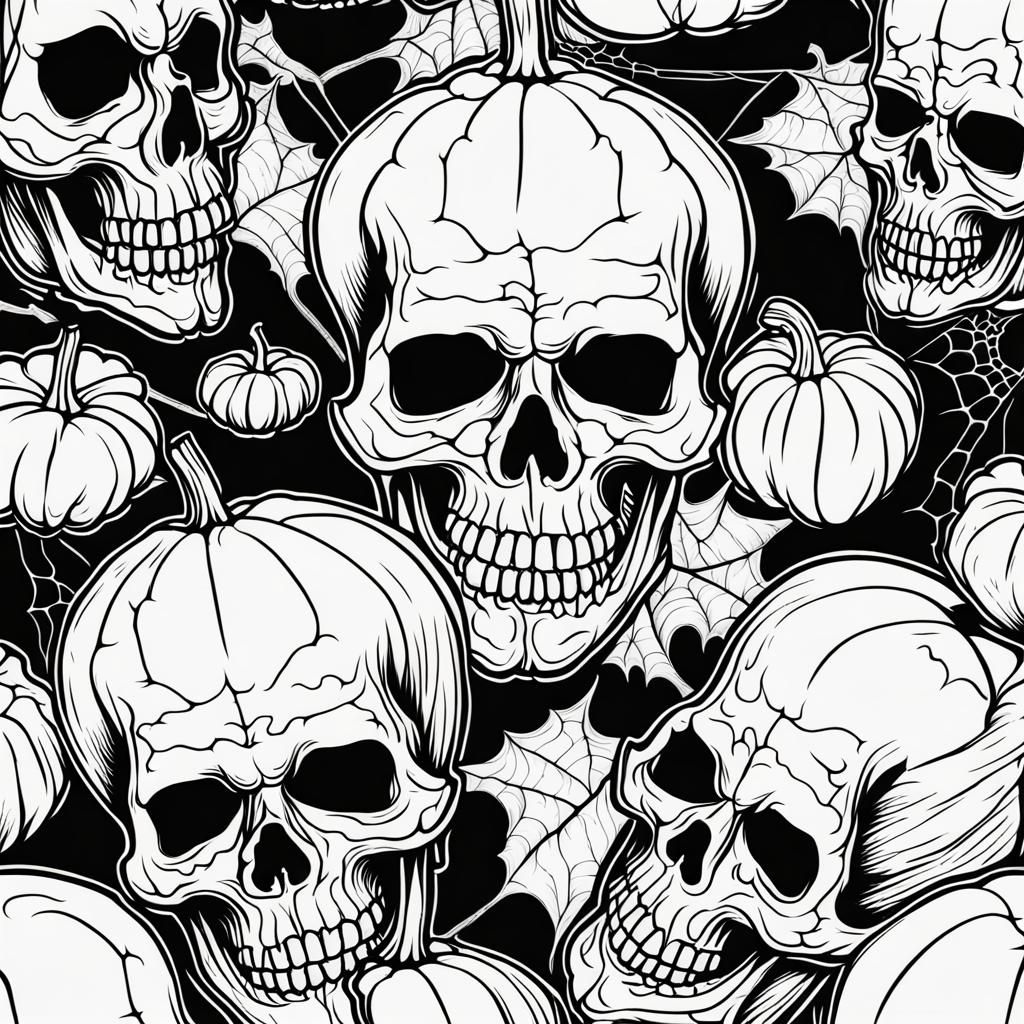 Halloween Skulls and Pumpkins Line Art Pattern