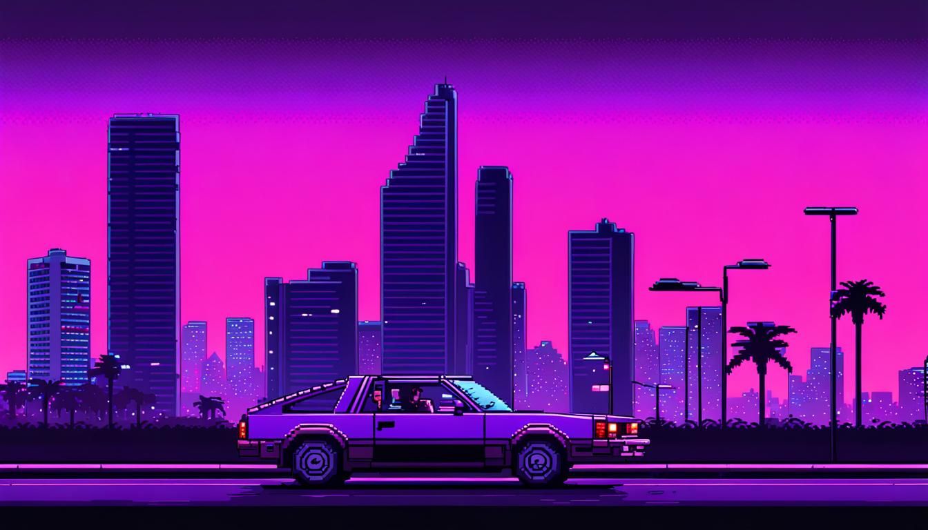 Driving in Vice City: 8-bit Pixel Art of 1985