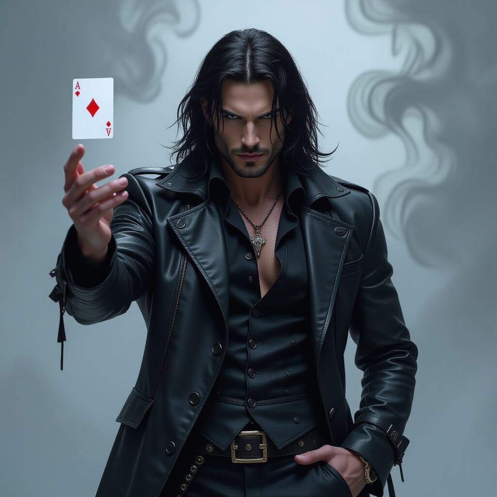 Gothic Man Throws Playing Card in Dramatic Digital Painting