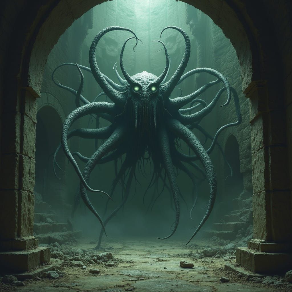 Cosmic Horror Creature in Ancient, Weathered Landscape