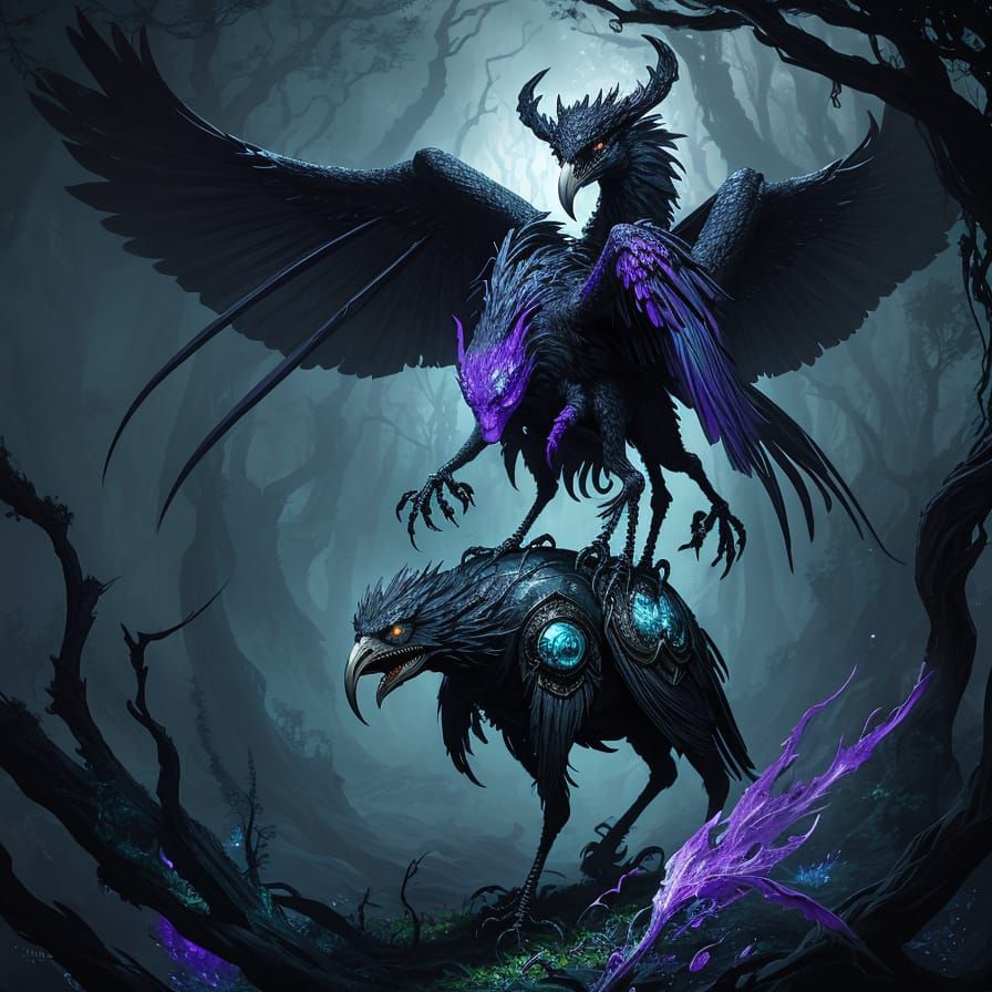 Raven-Spider Hybrid Creature in Mystical Forest