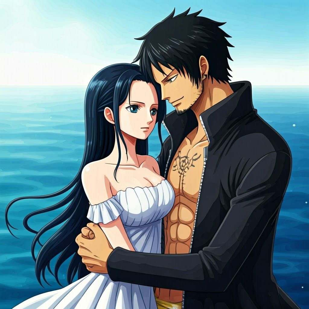 Nico Robin and Trafalgar Law Embrace: Anime Style