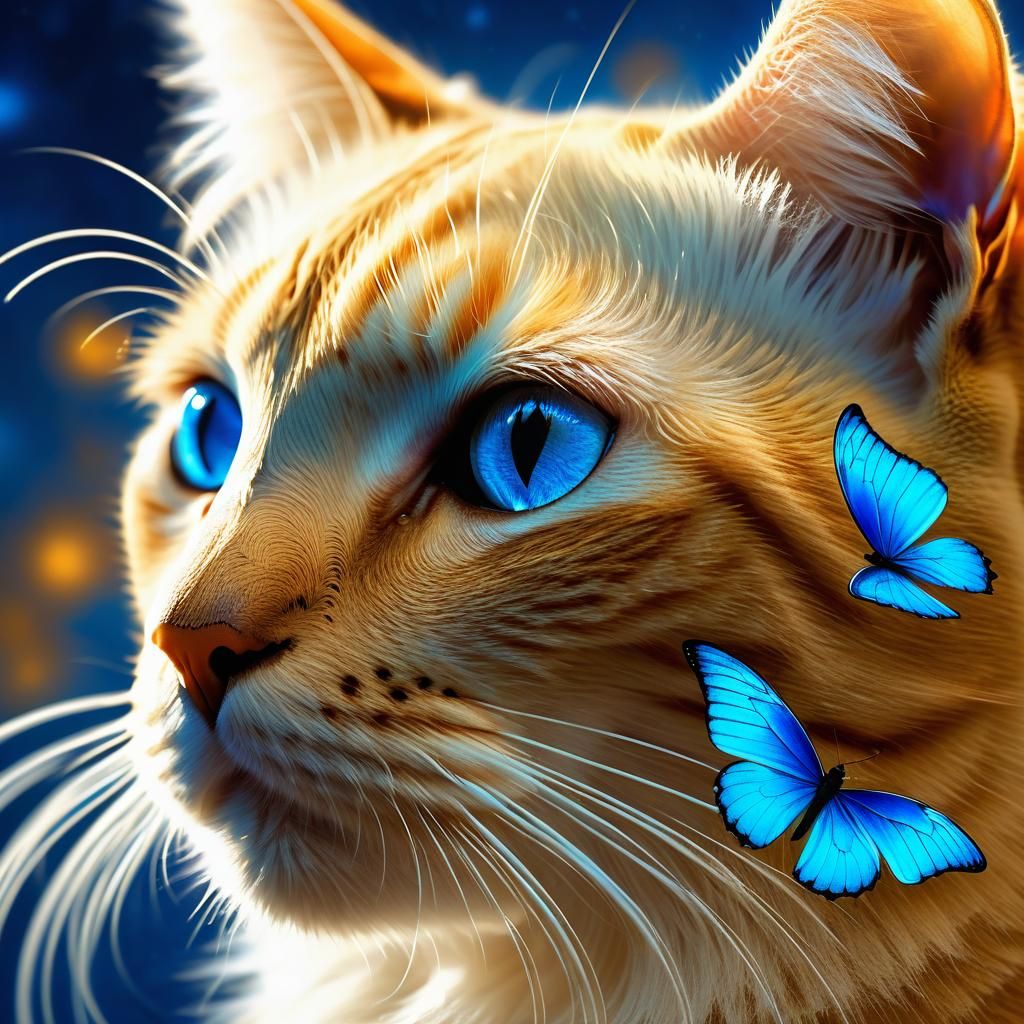 Ethereal Blonde Cat with Butterfly and Swirling Starbursts i...