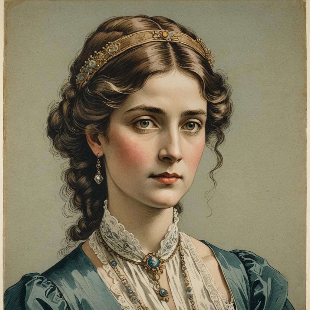 Edwardian Woman Portrait in Renaissance Lithograph Style