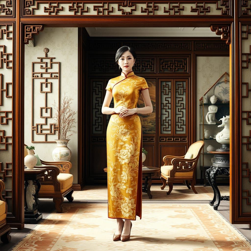 Elegant Chinese Woman in Cheongsam, Watercolor and 3D