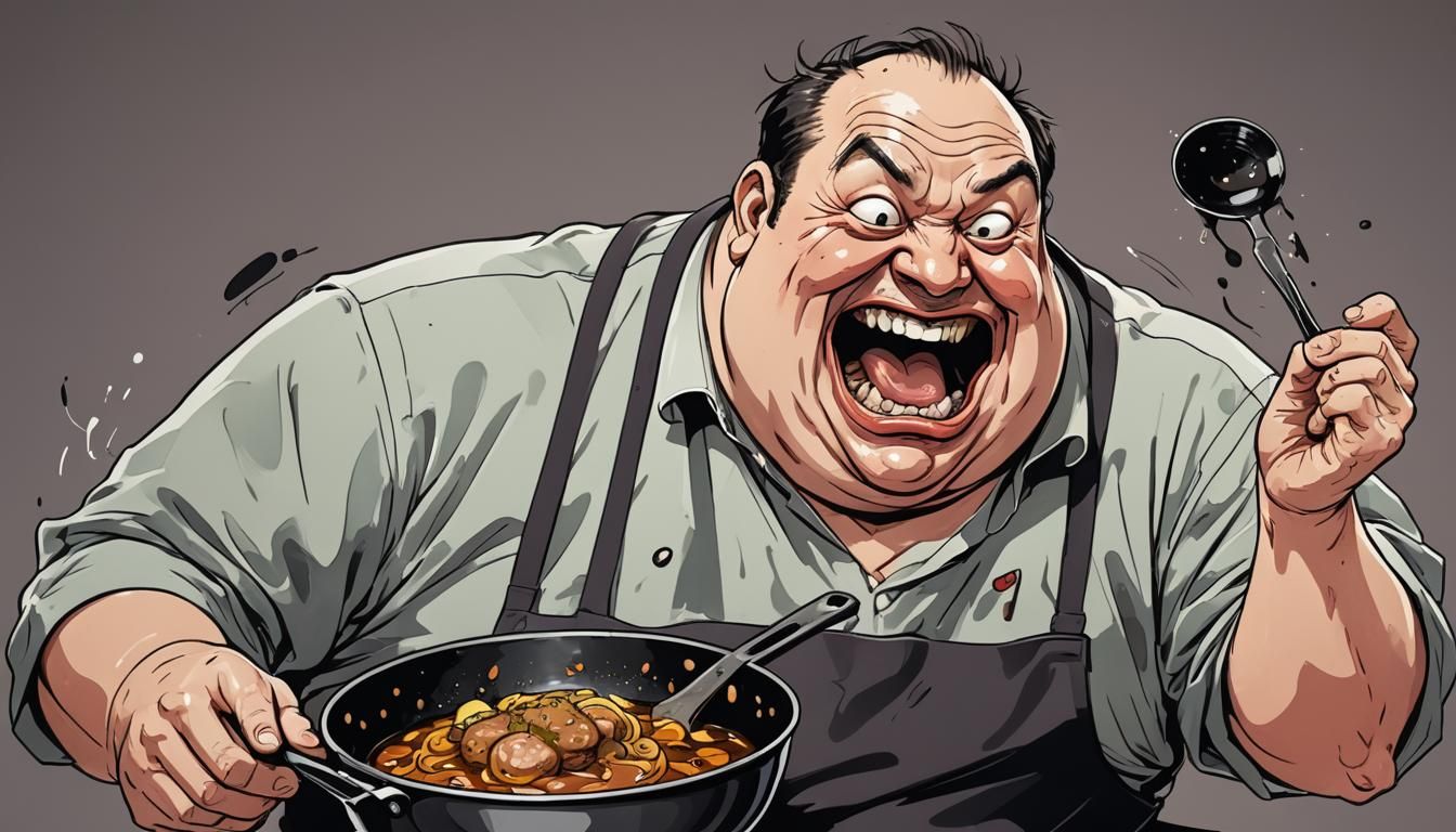 Greedy Man and Frying Pan in Cartoon Anime Style