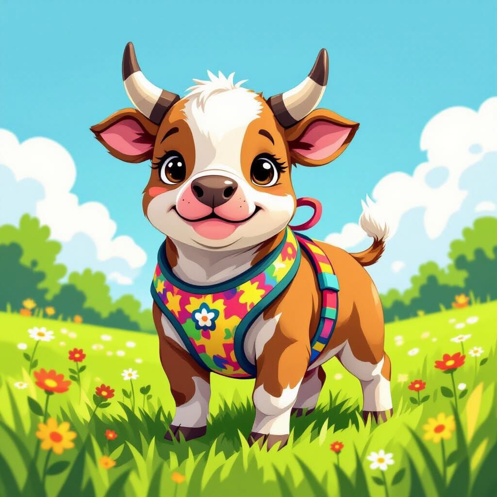 Adorable Bull in Sunny Meadow, Whimsical Illustration