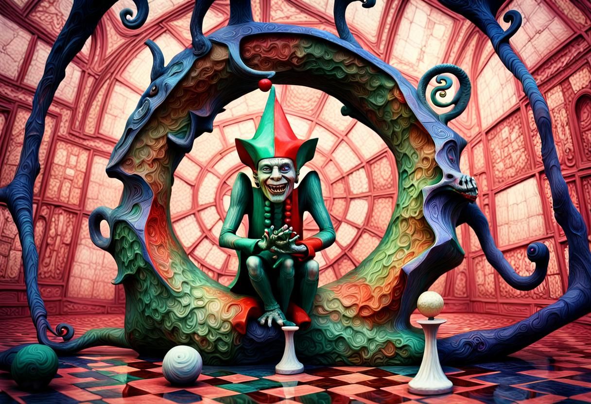 two crazy jesters laughing, H.R. Giger, psychedelic 3D chess...