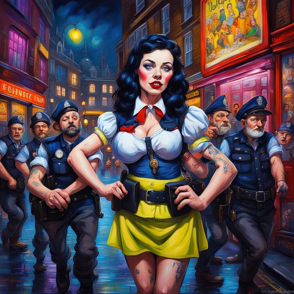 Snow White Arrests Dwarfs in London, Graffiti Art