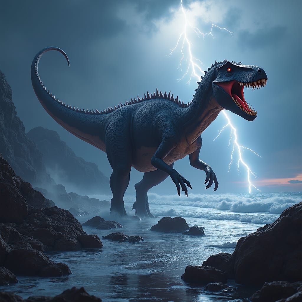 Dramatic Dinosaur on Rocky Shore with Lightning
