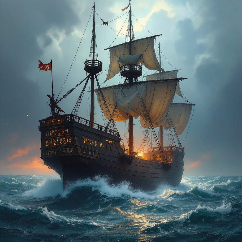 Colossal Ship Battles Stormy Seas in Painterly Style