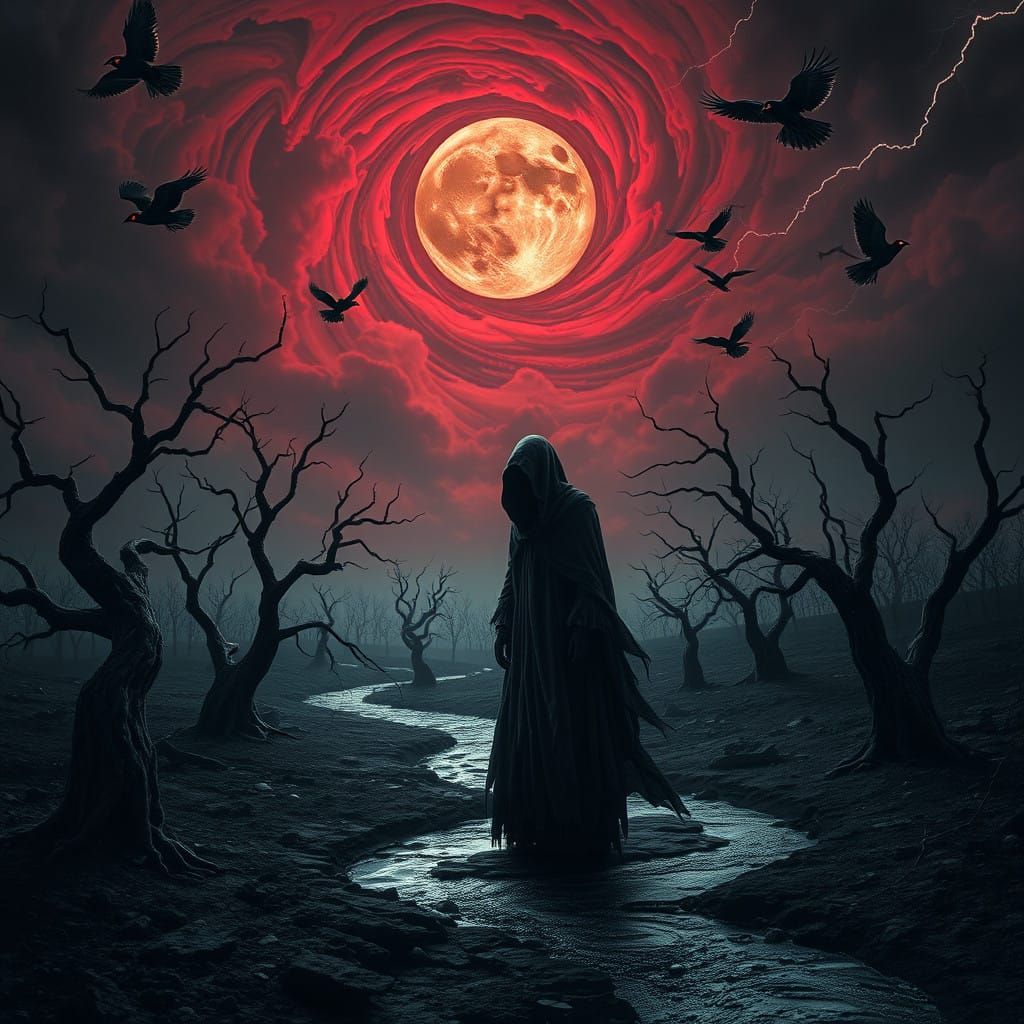 Ethereal Gothic Dreamscape under Crimson Moonlight
