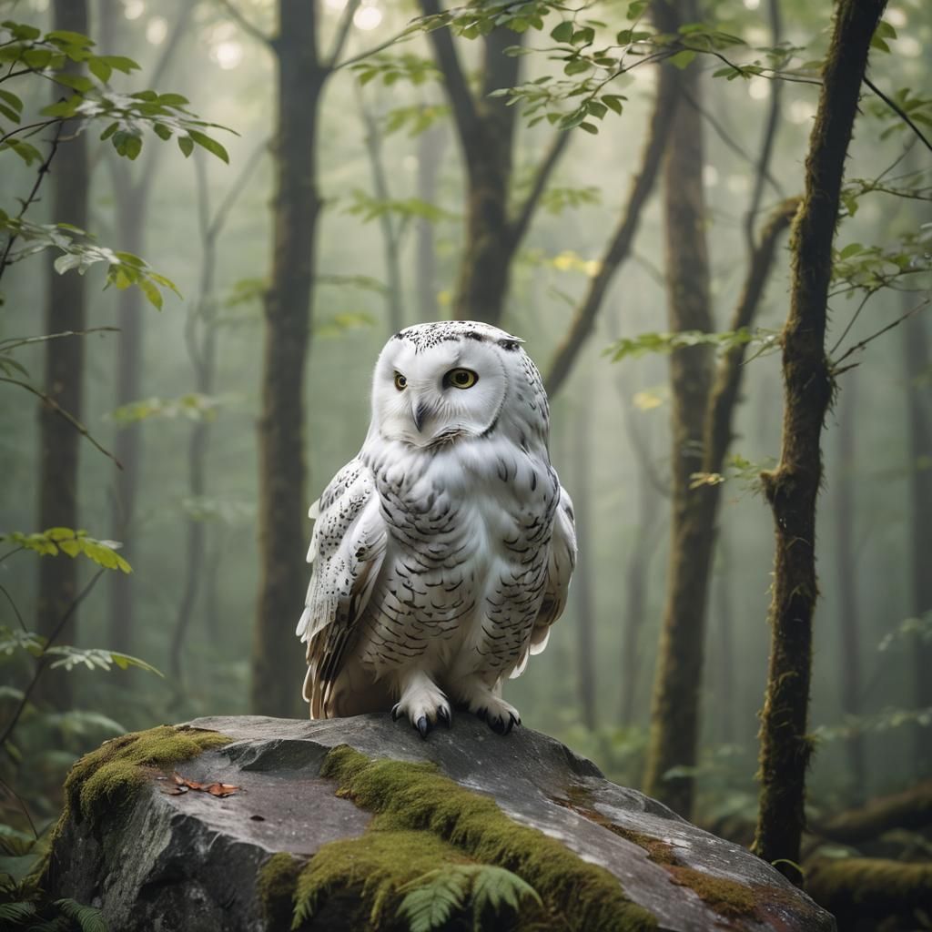 White Owl Portrait in Misty Forest