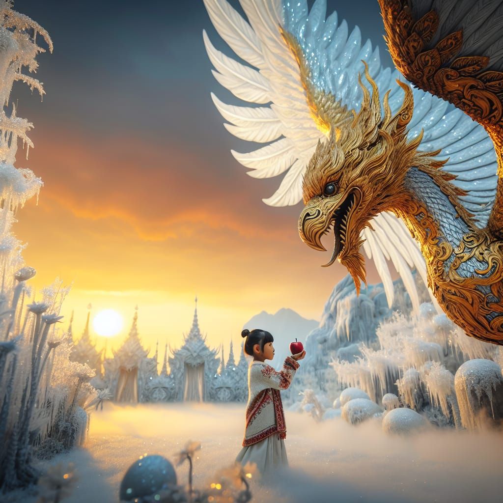 Girl Offers Apple to Winged Creature at Sunset