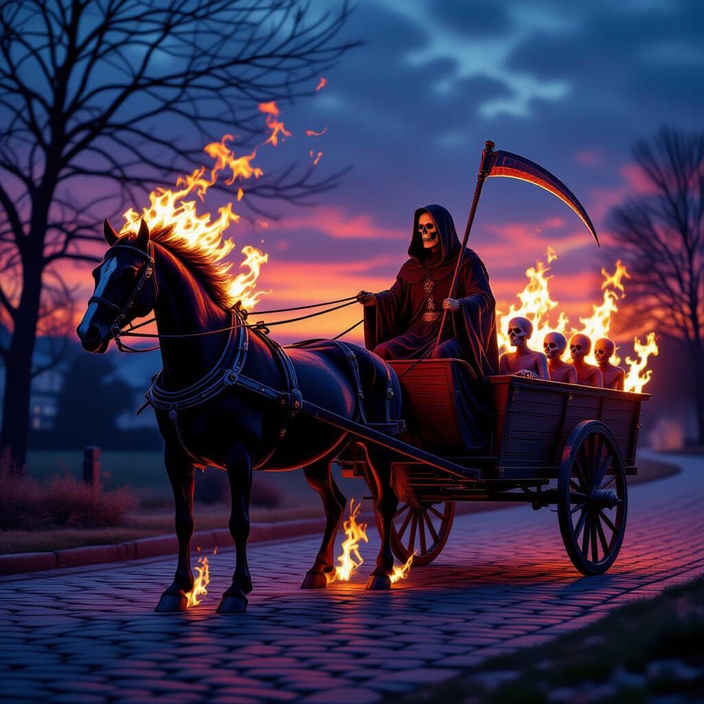 Death Rides a Fiery Skeleton Horse Cart at Twilight