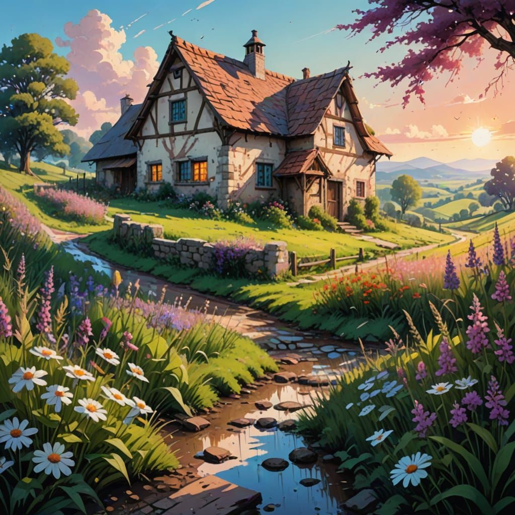 Peaceful Medieval Farmhouse Landscape in Pastel Hues